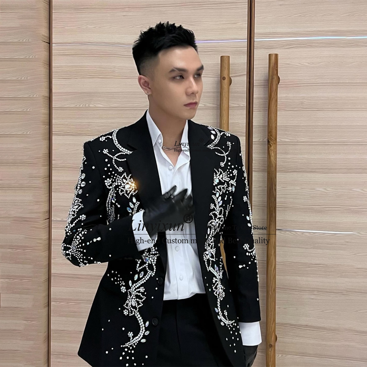 Mens Fashion Trajes - Setelan pakaian pria berhias berlian logam